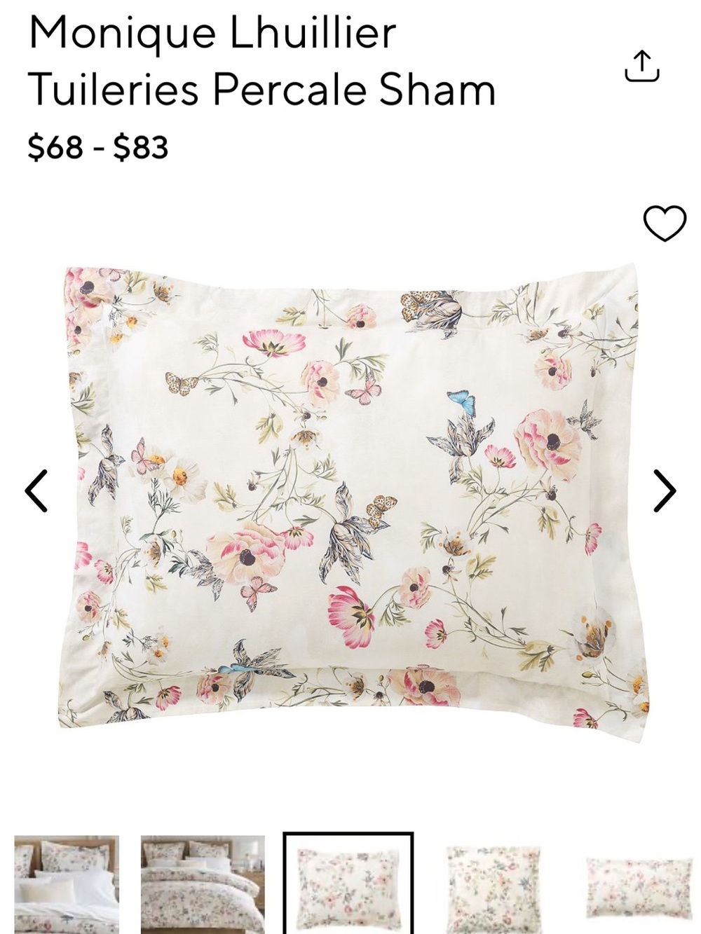 Pottery Barn Floral Percale Sham in Cream with Pink and Blue Accents 1 pillow c